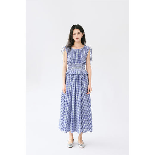 HeyDress法式蓝白格纹连衣裙女夏季复古收腰设计感气质无袖裙子 商品图1