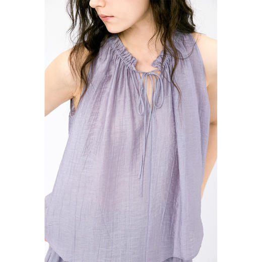 HeyDress紫色天丝套装女夏季花边领挂脖上衣高腰飘逸度假风半身裙 商品图1