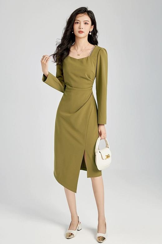 Le Malene 橄榄绿色方领长袖连衣裙 19935 商品图4