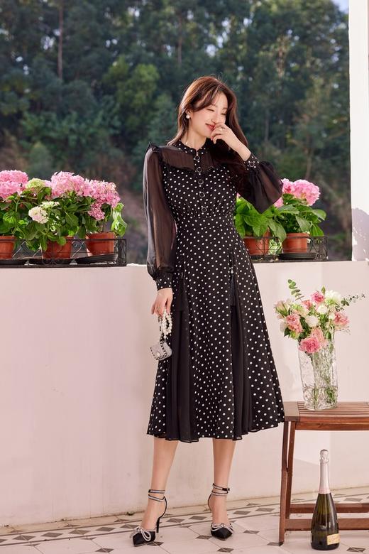 Le Malene 黑纱波点拼接式收腰连衣裙 19919 商品图0
