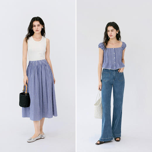 HeyDress蓝色格子套装女夏季方领宽松气质衬衫高腰百褶A字半身裙 商品图2