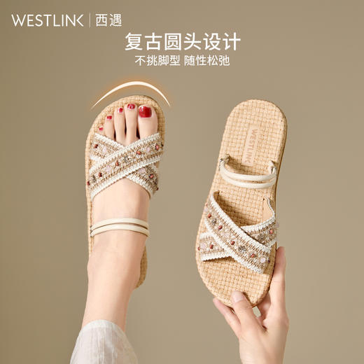 西遇平底凉拖鞋女外穿新款夏季波西米亚民族风海边凉鞋一字拖D0056633 商品图1