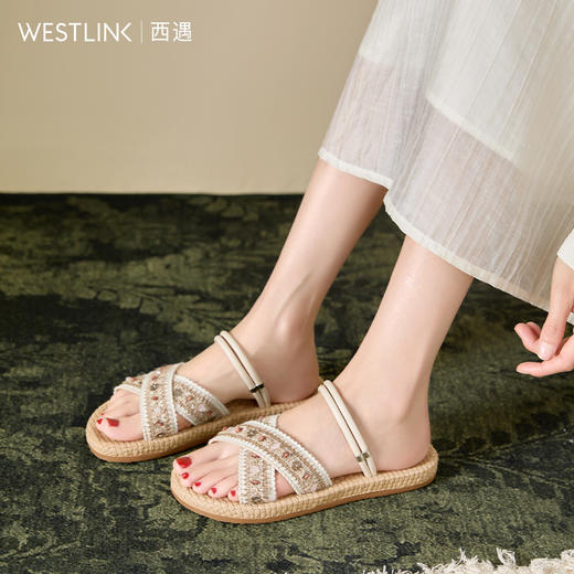 西遇平底凉拖鞋女外穿新款夏季波西米亚民族风海边凉鞋一字拖D0056633 商品图4