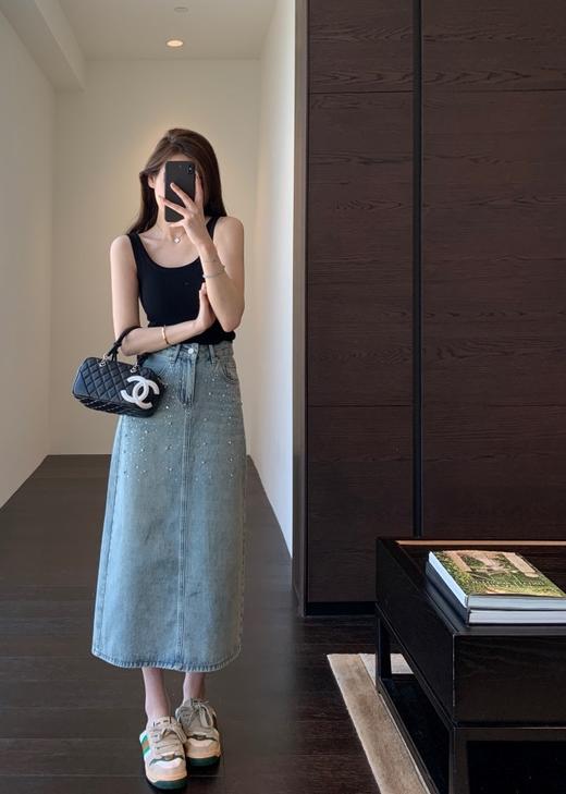 J家原单高级感烫钻显腿长高腰A字开叉半身裙 商品图6