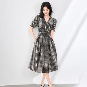 「高货wl」全新升级【铂金会员330/天猫439/差价109】(31708)洛诗琳法式通勤格子印花连衣裙2025夏季V领收腰A字长裙女wl31708