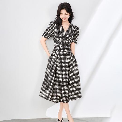 「高货wl」全新升级【铂金会员330/天猫439/差价109】(31708)洛诗琳法式通勤格子印花连衣裙2025夏季V领收腰A字长裙女wl31708 商品图0