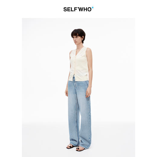 SELFWHO亚麻混纺米黄色针织背心马甲女2025夏新款宽松v领无袖马夹 商品图2