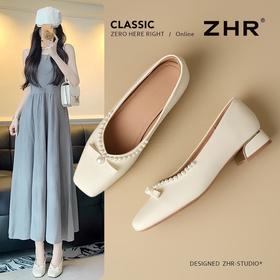 ZHR方头珍珠法浅口单鞋女2025新款小香风玛丽珍鞋法式气质晚晚鞋