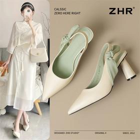 ZHR则则法式尖头高跟凉鞋2025新款一字扣气质凉鞋蝴蝶结后空凉鞋