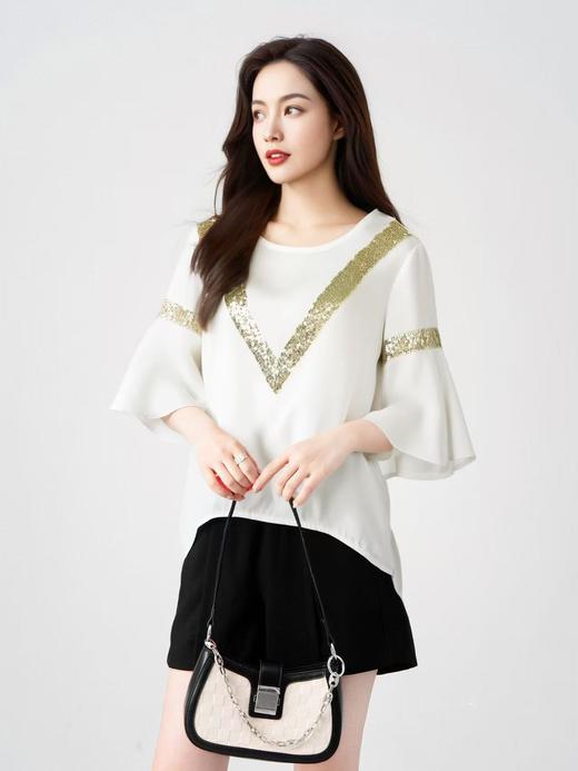 超值购【诗铭洛可】6309短袖T恤雪纺喇叭袖亮片上衣A10-2 商品图0