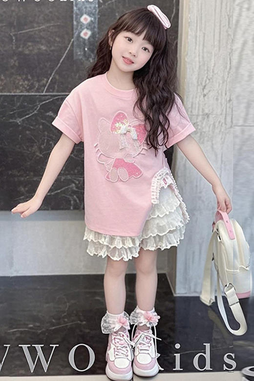 点此购买 110-170Kitty夏季女童蕾丝短裤套装 xb 319144 商品图0
