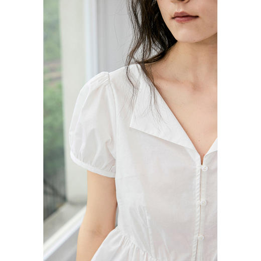 HeyDress法式翻领衬衫女夏季复古收腰纯棉短袖通勤短款泡泡袖上衣 商品图1