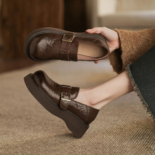 阿么手工女鞋复古厚底乐福鞋增高显瘦2025新款英伦风小皮鞋女4CM 商品图1