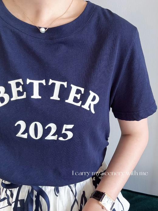 生活闪闪发光｜侧边褶皱显瘦收腰设计 字母印花工艺T恤  藏青色 商品图1