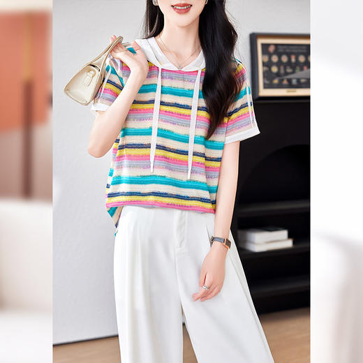 丁摩 桑蚕丝撞色真丝衬衫条纹短袖0202 商品图1