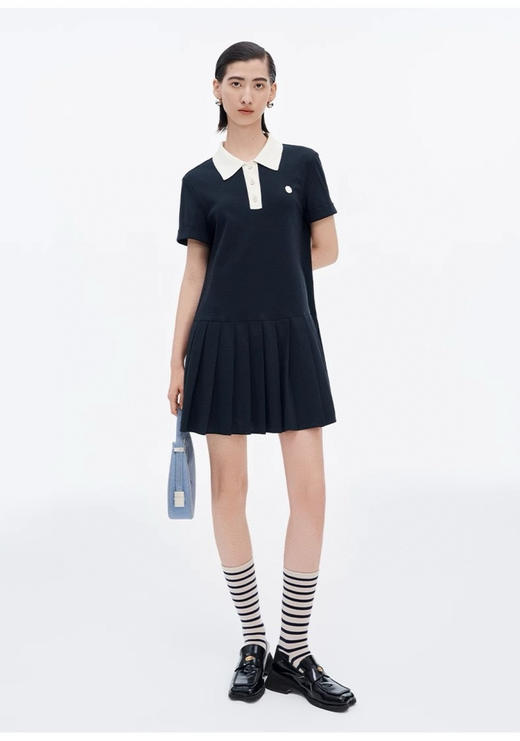 SEL*同款撞色Polo领压褶连衣裙 商品图2