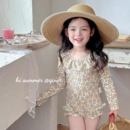 【儿童游泳衣】长袖女童小童涤纶 女孩公主连体泳衣套装 中小童宝宝泳装  商品图0