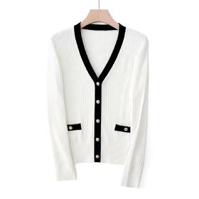 女生经典撞色V领含羊毛针织开衫6W066