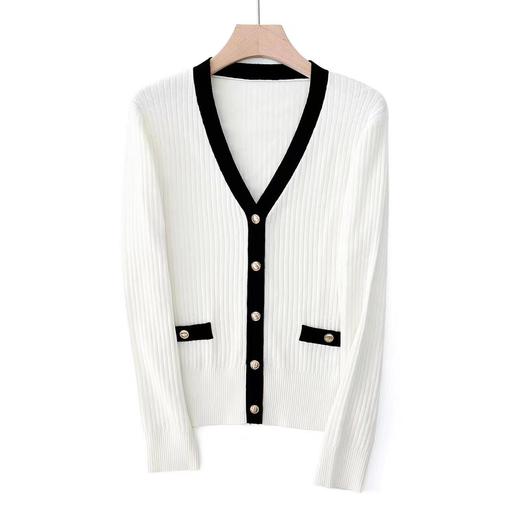 女生经典撞色V领含羊毛针织开衫6W066 商品图0