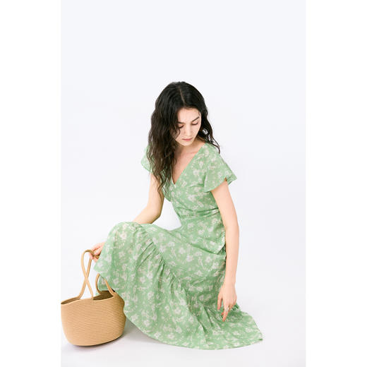 HeyDress法式天丝绿色印花连衣裙女夏季收腰显瘦浪漫度假风裙子 商品图3