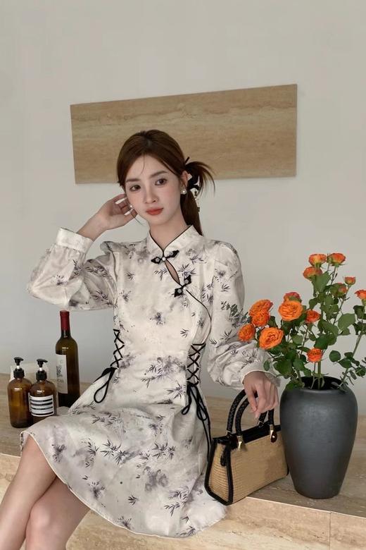 ANSUABEL 水墨竹叶印花盘扣系带收腰连衣裙 20008 商品图0