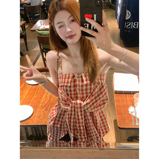 <曾小咸推荐>不规则蝴蝶结格纹吊带背心女 商品图0