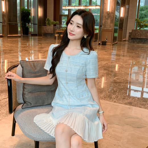 奢姿大码女装2025夏季减龄小香风拼接百褶连衣裙胖妹妹时尚裙子9952869761 商品图2