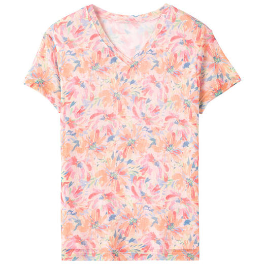 丁摩 网纱真丝印花V领短袖小衫女100桑蚕丝薄款T恤F9044 商品图1