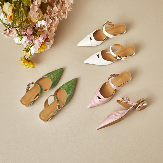 【预售5天】真皮包头后空一字带粗跟凉拖女夏季新款尖头中跟外穿女鞋透气凉鞋MBJR&6910 商品图4