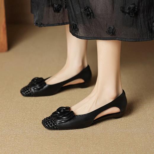 【预售5天】法式拼色镂空花朵浅口单鞋女夏真皮通勤方头透气洞洞凉鞋低跟女鞋YCJX&H-7901 商品图4