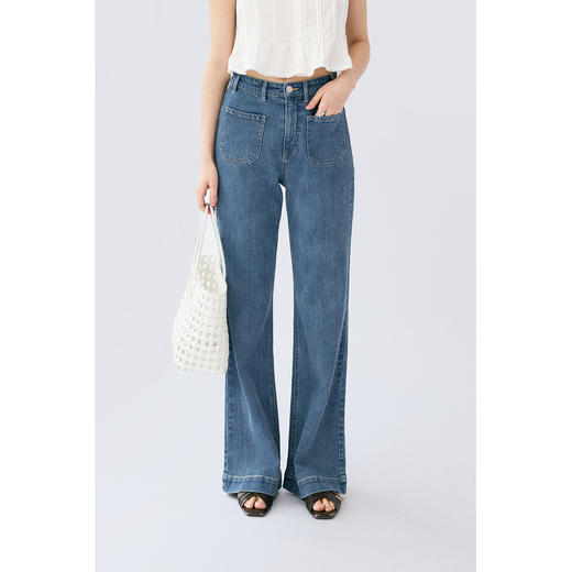 HeyDress复古牛仔裤女夏季高腰显瘦微喇裤薄款双口袋设计感裤子 商品图0