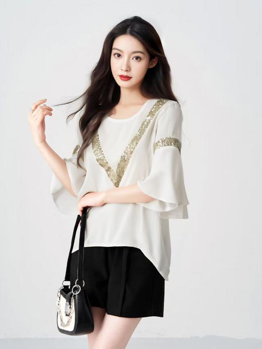超值购【诗铭洛可】6309短袖T恤雪纺喇叭袖亮片上衣A10-2 商品图3