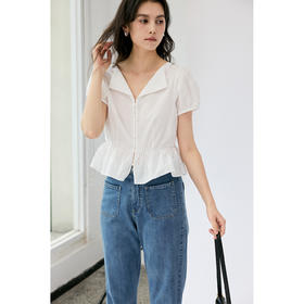 HeyDress法式翻领衬衫女夏季复古收腰纯棉短袖通勤短款泡泡袖上衣