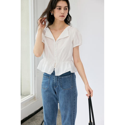 HeyDress法式翻领衬衫女夏季复古收腰纯棉短袖通勤短款泡泡袖上衣 商品图0