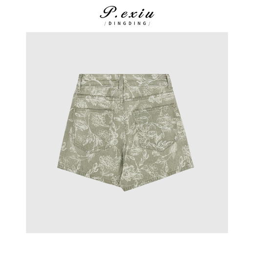 03-4潘依绣丁丁宠粉PanYiXiu/潘依绣【海岛小镇】国风复古印花侧开叉牛仔短裤 D6586 商品图1