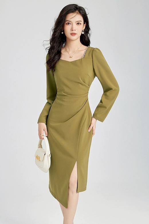 Le Malene 橄榄绿色方领长袖连衣裙 19935 商品图0