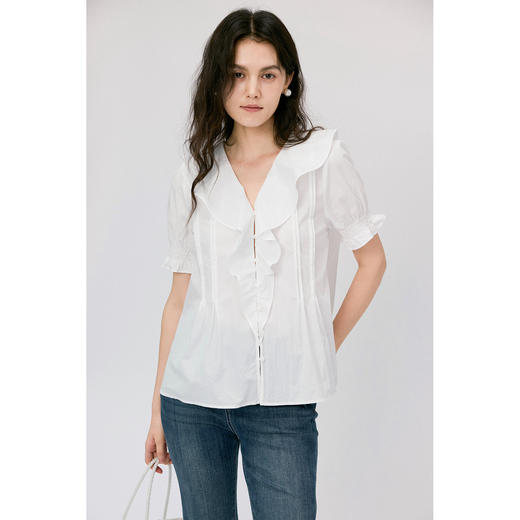 HeyDress天丝荷叶边衬衫女夏季法式宽松设计感短袖浪漫气质上衣 商品图3