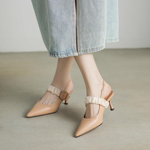 阿么手工女鞋细跟网纱后空凉鞋2025新款时尚气质感高跟鞋浅口6CM 商品图1