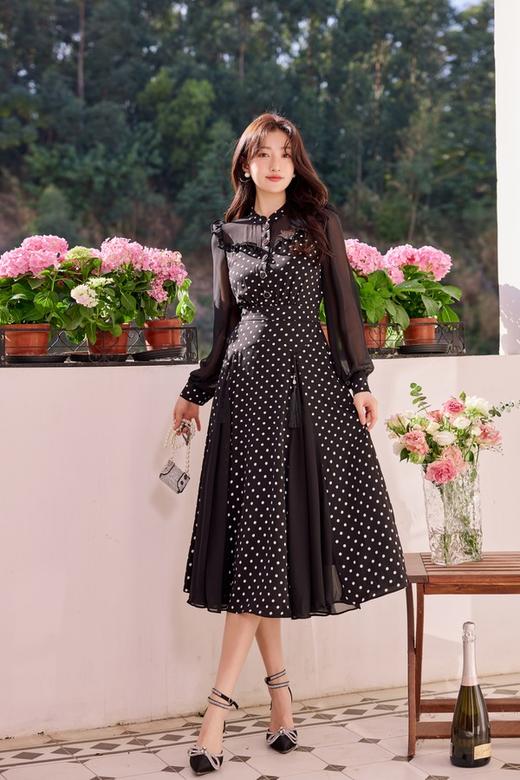 Le Malene 黑纱波点拼接式收腰连衣裙 19919 商品图1