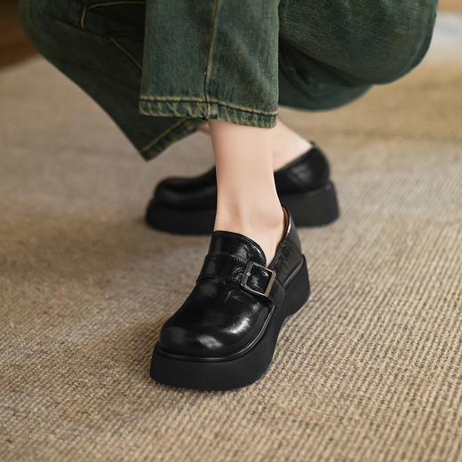 阿么手工女鞋复古厚底乐福鞋增高显瘦2025新款英伦风小皮鞋女4CM 商品图3