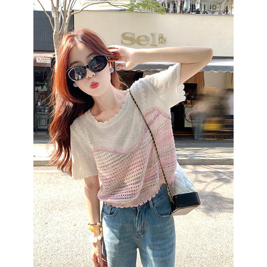 <曾小咸推荐>拼色假两件短袖T恤针织上衣 商品图2