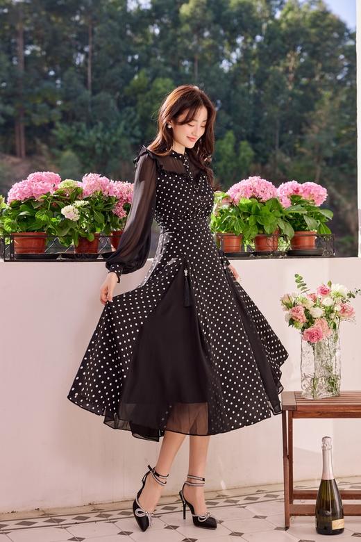 Le Malene 黑纱波点拼接式收腰连衣裙 19919 商品图4