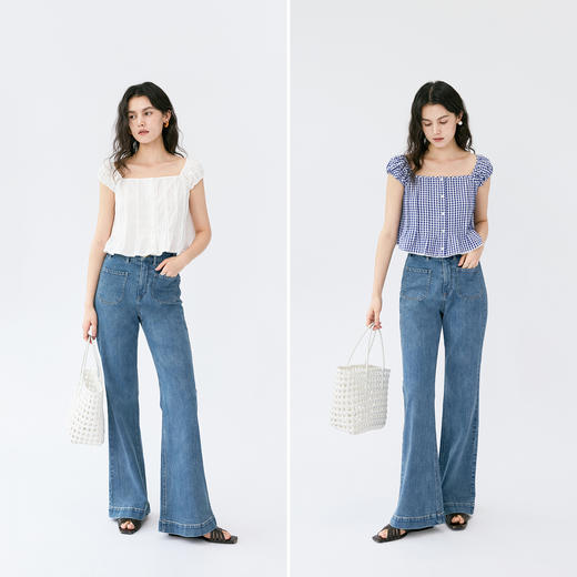 HeyDress复古牛仔裤女夏季高腰显瘦微喇裤薄款双口袋设计感裤子 商品图1