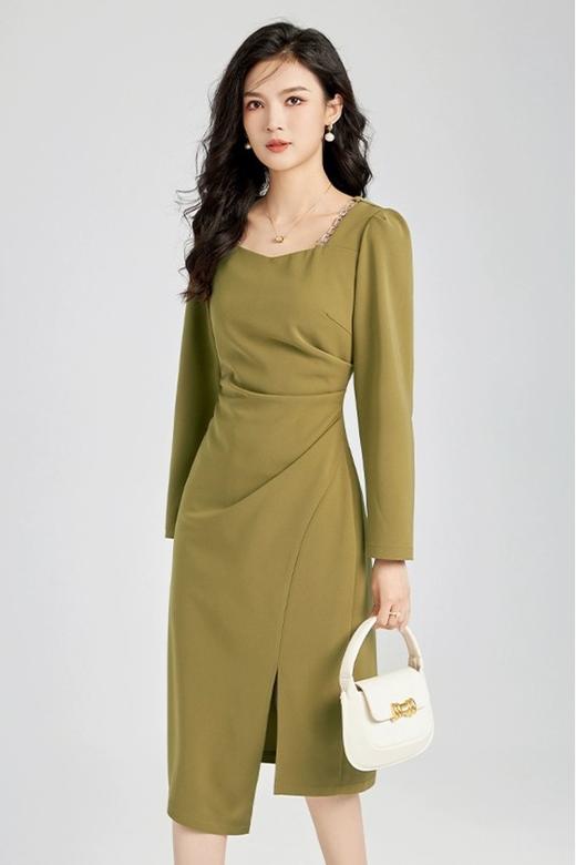 Le Malene 橄榄绿色方领长袖连衣裙 19935 商品图1