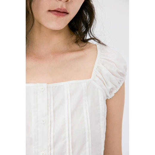 HeyDress法式方领短袖女夏季新款花苞袖衬衫减龄设计感白色上衣 商品图1