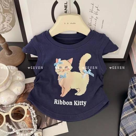 【小猫印花卡通短袖蝴蝶结半身裙两件套】夏季新款小飞袖上衣蝴蝶结半身裙两件套 商品图6