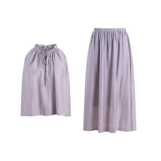 HeyDress紫色天丝套装女夏季花边领挂脖上衣高腰飘逸度假风半身裙 商品图4