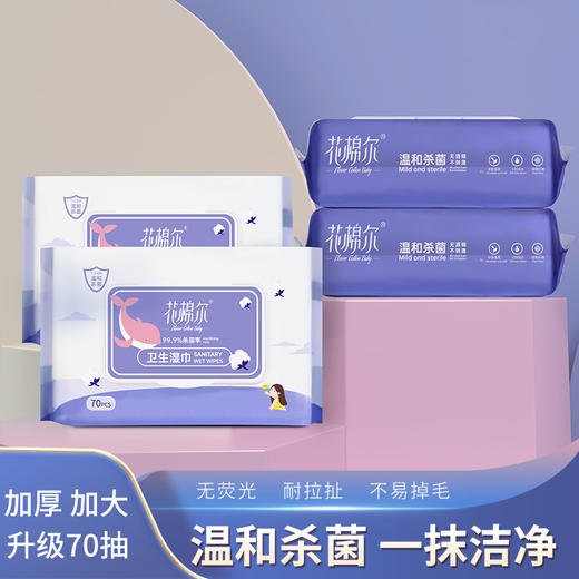 【花棉尔】卫生湿巾70抽 · 加厚无酒精 · 温和杀菌抑菌 · 弱酸性不伤皮肤 · 擦手办公清洁一巾多用 商品图0