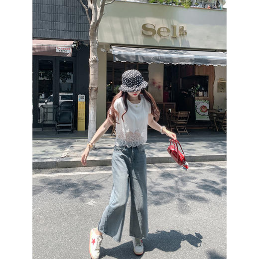 <曾小咸推荐>纯欲不规则蕾丝花边短袖T恤 商品图2