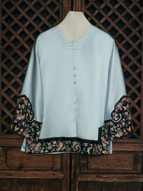 盛唐牡丹大师系列| 重工手绣石榴花丝毛外套-瓶蓝